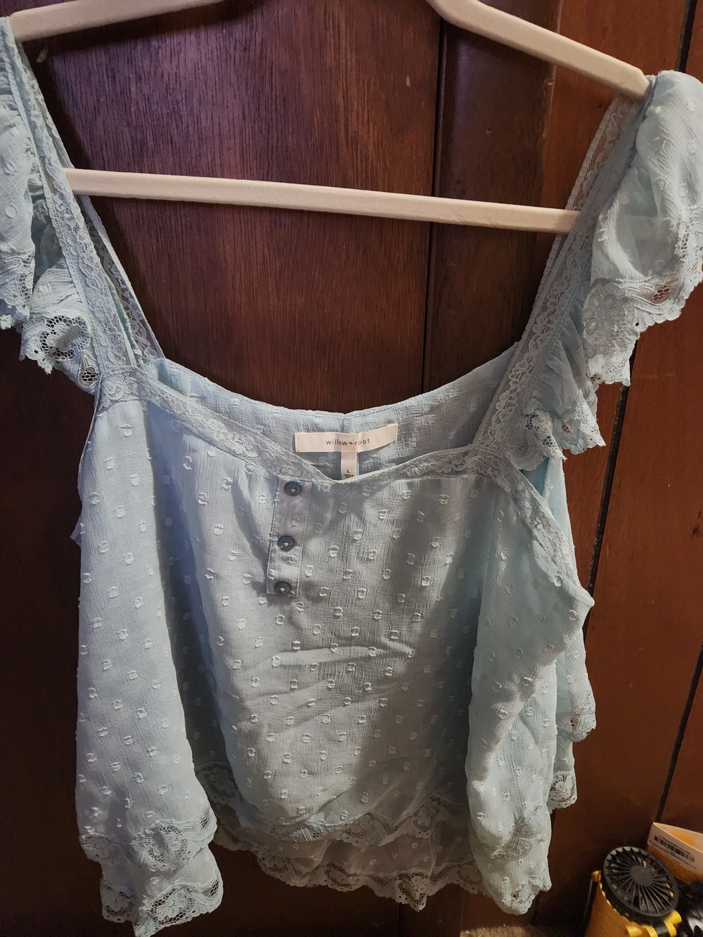 Willow Root Light Blue Lace-Trim Swiss Dot Camisole